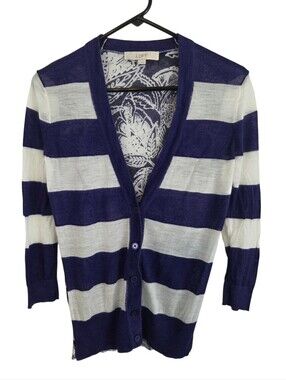 Loft Purple And White Striped Floral 3/4 Sleeve Lightweight Cardigan Size M